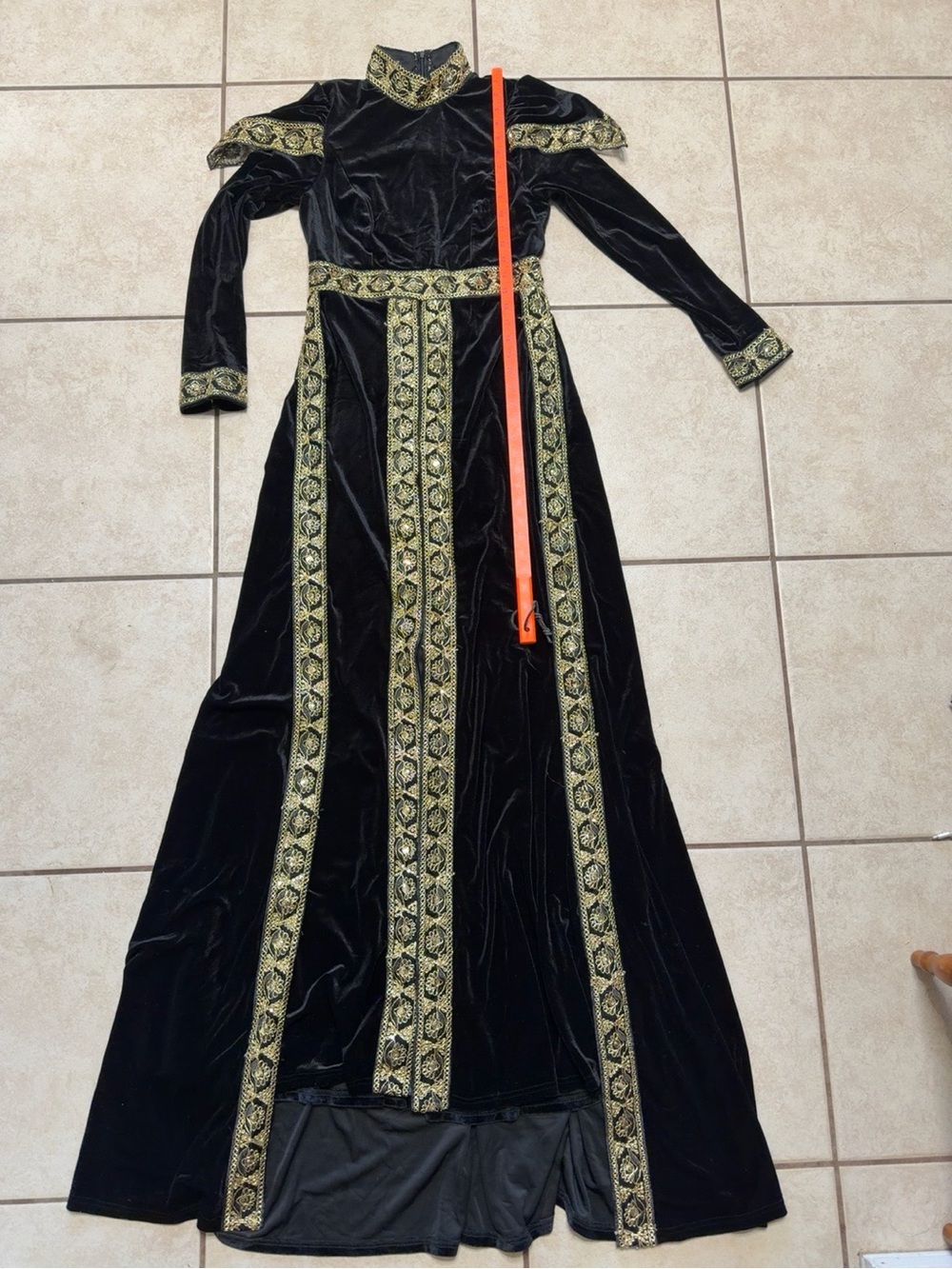 Black Velvet Maxi Dress with Gold Trim and High Collar - Picture 8 of 9